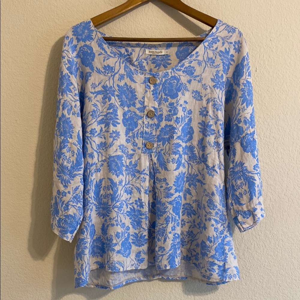 Laura Bianchi Floral Blue and White Women's Linen Tunic Top Size Small